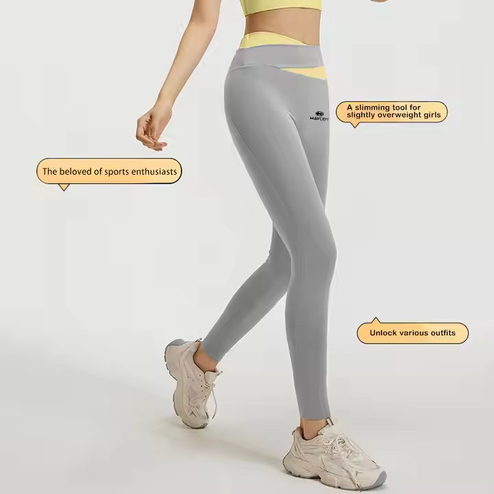 High waisted sports pants with contrasting color splicing and peach red hip lifting style fitness pants